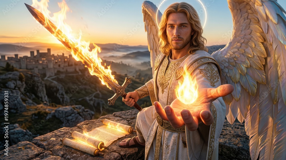 Fototapeta premium Archangel holding a flaming sword and glowing fire in his hand above an ancient stone city. Heavenly warrior with wings and halo. Biblical scene depicting spiritual power and protection.