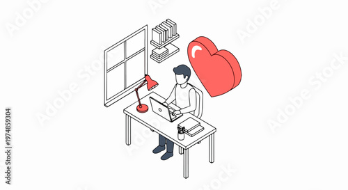 Isometric Man Working on Laptop with Red Heart Icon, Representing Passion for Work, Online Dating, and Positive Workspace Concept