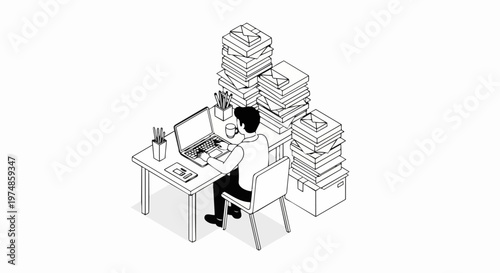 Isometric Illustration of a Businessman Overwhelmed by Huge Piles of Mail and Paperwork, Working on Laptop at Office Desk