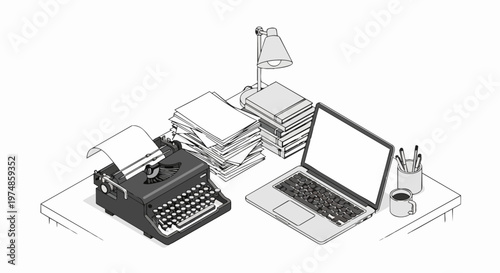 Isometric Line Art Illustration of a Workspace with Vintage Typewriter and Modern Laptop Symbolizing the Evolution of Writing