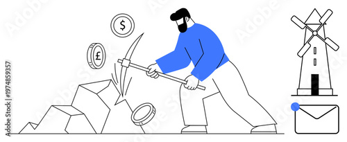 Cryptocurrency, blockchain, financial technologies, economic growth, resource extraction, data processing. Man mining coins with rocks. Cryptocurrency and blockchain concept