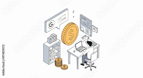 Isometric Illustration of a Professional Working on Laptop with Money and Data Analytics for Online Business and Monetization Concept