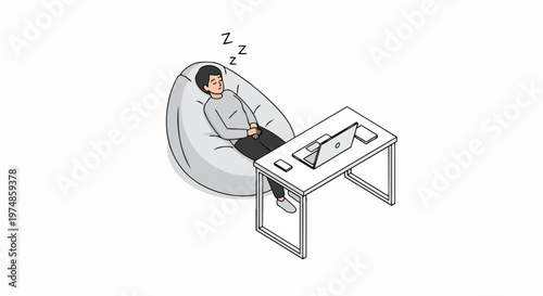 Isometric illustration of a tired man sleeping in a beanbag chair next to a work desk with a laptop, depicting burnout, relaxation, or remote work life concept.