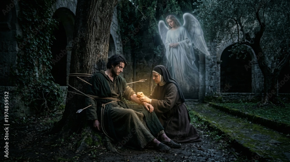 Fototapeta premium Nun tending to injured man tied to tree with angel appearing nearby. Religious scene depicting divine protection and faith. Biblical concept of miracle and mercy in ancient setting.