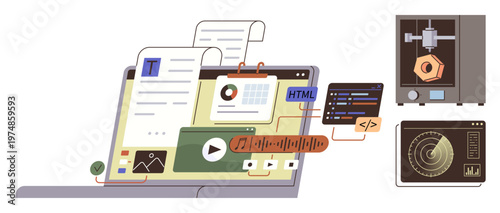 Digital transformation, web development, 3D printing, data analysis, media tools, coding education. Laptop with design tools, code snippets and 3D printing interface. Digital transformation and web