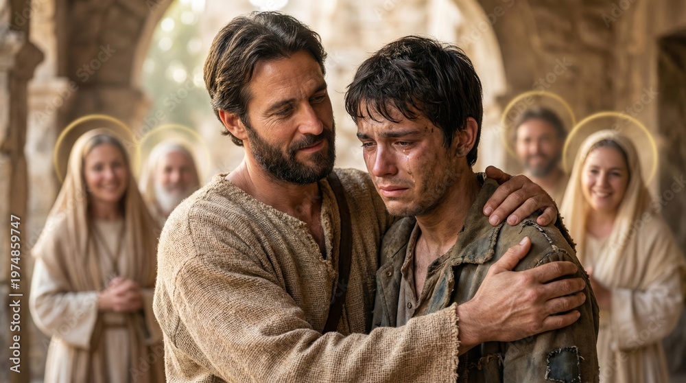 Fototapeta premium Jesus Christ comforting a crying man in an ancient setting. Compassionate savior embracing a beggar with tears. Faith, mercy, and forgiveness concept for religious theme and Easter celebration.