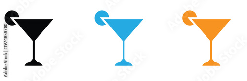 Colorful Martini Glass Icon Set with Lime Wedge on White Background for Cocktail and Drink Concepts