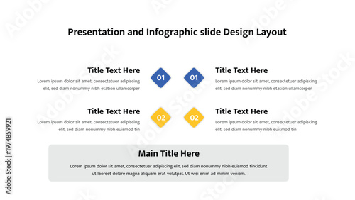 Presentation layout with four numbered diamond shape information boxes and a prominent main text area