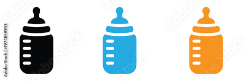 Colorful baby bottle icons in black blue and orange for nursery or feeding concepts
