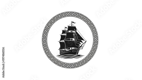 Vintage Ship Illustration in Circle.