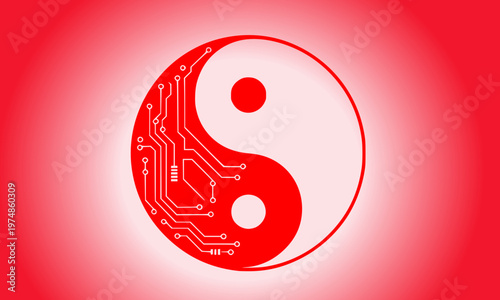 Red yin yang symbol fused with circuit board technology pattern representing the balance between ancient Eastern philosophy and modern digital innovation on a gradient background