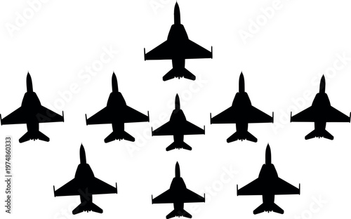 Billede på lærred Formation of military jet aircraft silhouettes against a white background repres
