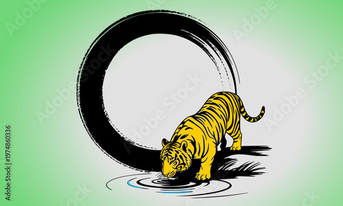  Illustrated tiger drinking water beside a bold black ink circle on a green background, blending wildlife art with zen enso symbolism for tattoo, logo, and Asian-inspired design