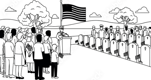 A vintage illustration depicting a military honor guard standing at attention during a solemn ceremony or funeral procession