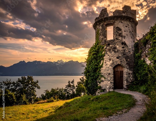 A stone turret on a hillside overlooks a lake and mountains as a sunset paints the sky. A pathway leads to its door