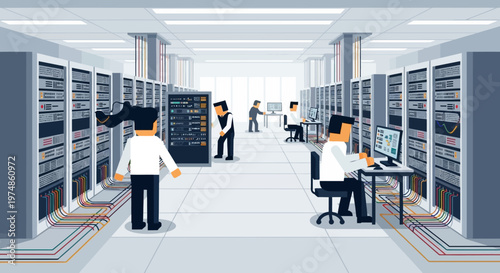 People working in server room.