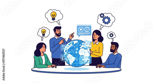 Diverse team around globe brainstorming.