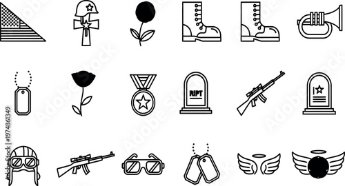 Collection of black and white line art icons depicting historical military and memorial objects