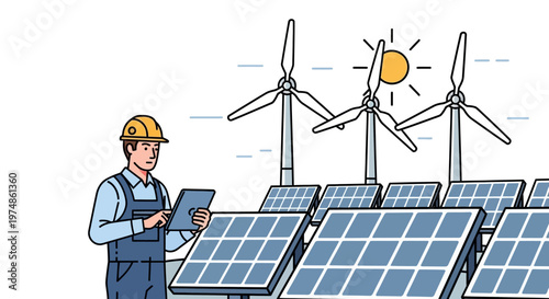 Man with solar panels wind turbines.