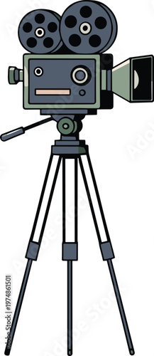 "Classic vintage film camera vector illustration with tripod, reels, lens, hand crank, early cinematography equipment design"