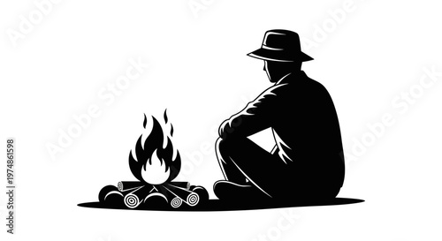 Man Sitting by Campfire Alone.