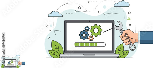 Laptop with gears, progress bar, and wrench symbolizing system optimization, technology maintenance, and eco‑friendly digital process improvement.