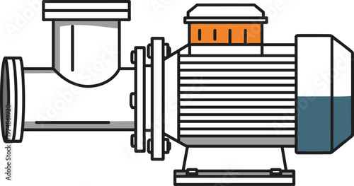 "Industrial centrifugal pump vector illustration with motor housing, volute chamber, pipe connection, engineering fluid movement design"
