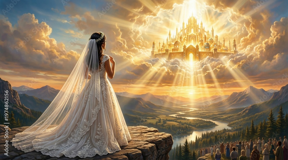 Fototapeta premium Bride looking at golden city of heaven in sky. Religious concept of afterlife and salvation. Divine light shining over valley with congregation. Faith and hope in spiritual journey.