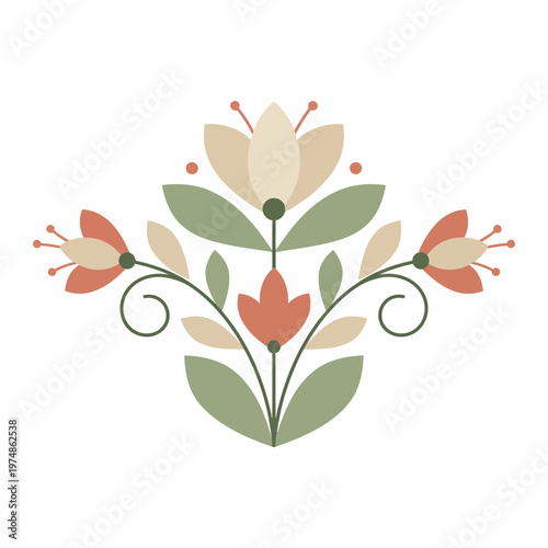 Decorative Floral Emblem with Symmetric Leaves and Buds
