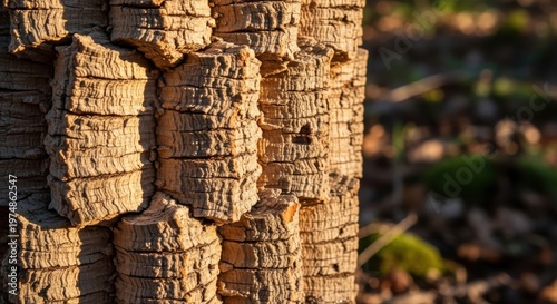 Detailed close-up of rough, textured cork bark revealing natural organic patterns and earthy brown tones in sunlight