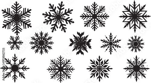 Black Snowflakes on White Background Winter Design Elements
