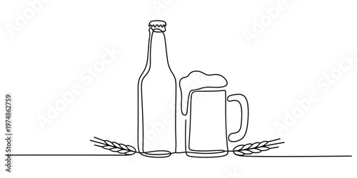 Continuous line drawing of a beer bottle and a mug with foam