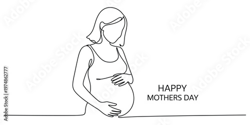 Continuous line drawing of a pregnant woman holding her belly
