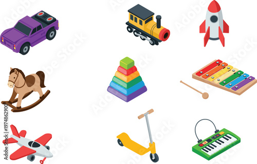 Isometric kids toys collection, colorful 3D objects including vehicles, rocket, musical instruments, stacking blocks and playful children entertainment design elements