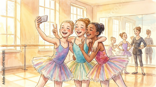 Cheerful ballerina girls taking a selfie, happy mood, in a ballet class, watercolor