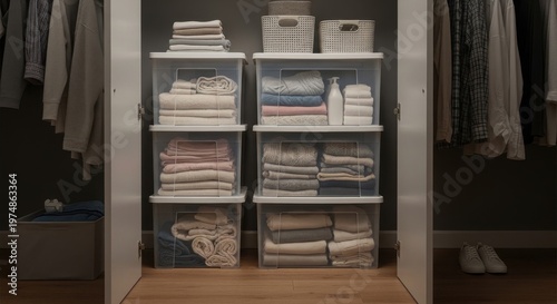Neatly stacked clear plastic storage bins filled with folded textiles inside a home closet.
