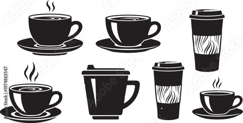 Set of coffee cups and travel mugs icons