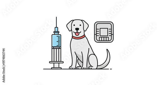 Dog sitting next to medical syringe.