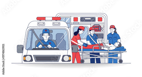 Ambulance team transporting a patient with medical equipment.