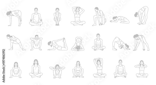Line art illustrations of diverse yoga poses for fitness and wellbeing.