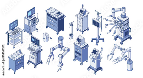 Isometric illustration of various medical technology and robotic surgical equipment.