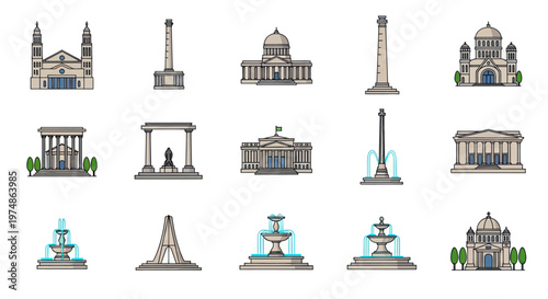 Monuments and famous landmarks icons.