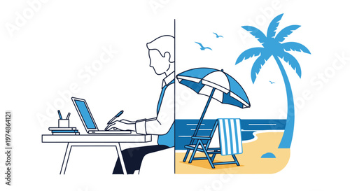 Work-life balance concept showing business person working and tropical beach vacation.