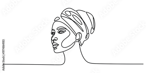 Continuous line drawing of a woman wearing a head wrap