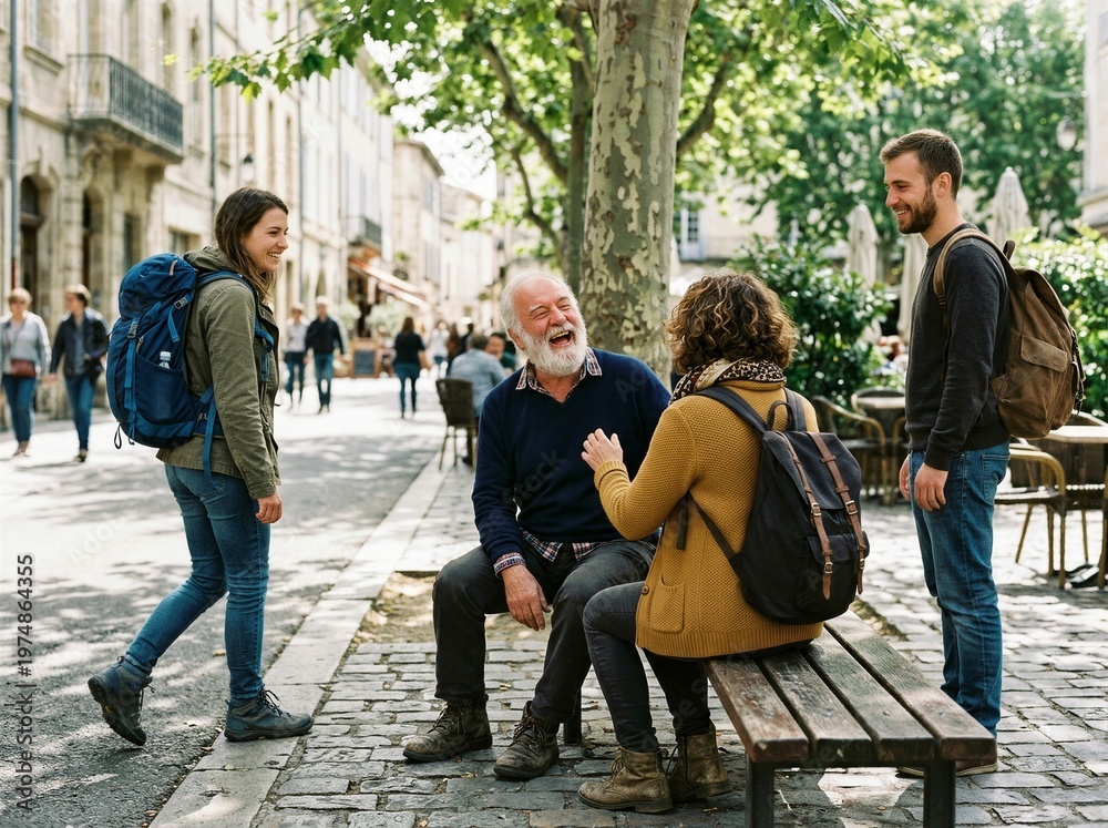 Fototapeta premium Travelers laughing and talking on a european street