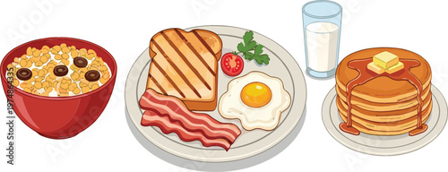 Set of Breakfast Food Vector Illustrations Featuring Cereal Bowl, Toast with Egg and Bacon, Pancakes with Syrup, and Milk