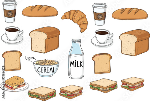 Set of Breakfast Food Vector Illustrations Featuring Coffee, Bread, Croissant, Milk, Cereal, and Sandwiches in Hand Drawn Style