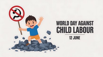 Cartoon boy holding sign against child labor on world day against child labour