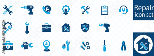 A collection of blue repair icons depicts various tools services and equipment related to maintenance and fixing things high quality professional detailed modern