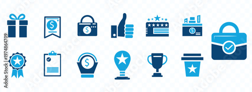 A collection of blue glyph icons representing gifts shopping achievements and financial success displayed in a row high quality professional detailed modern elegant